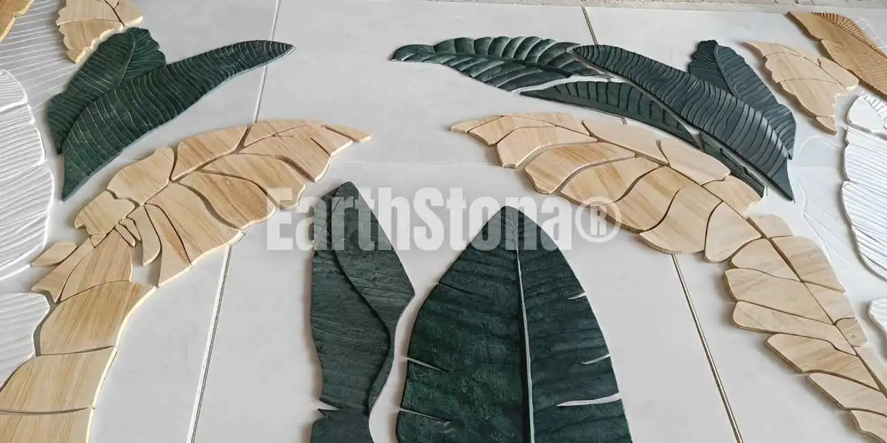 leaf designer stone wall cladding showcasing banana, palm, and maple motifs